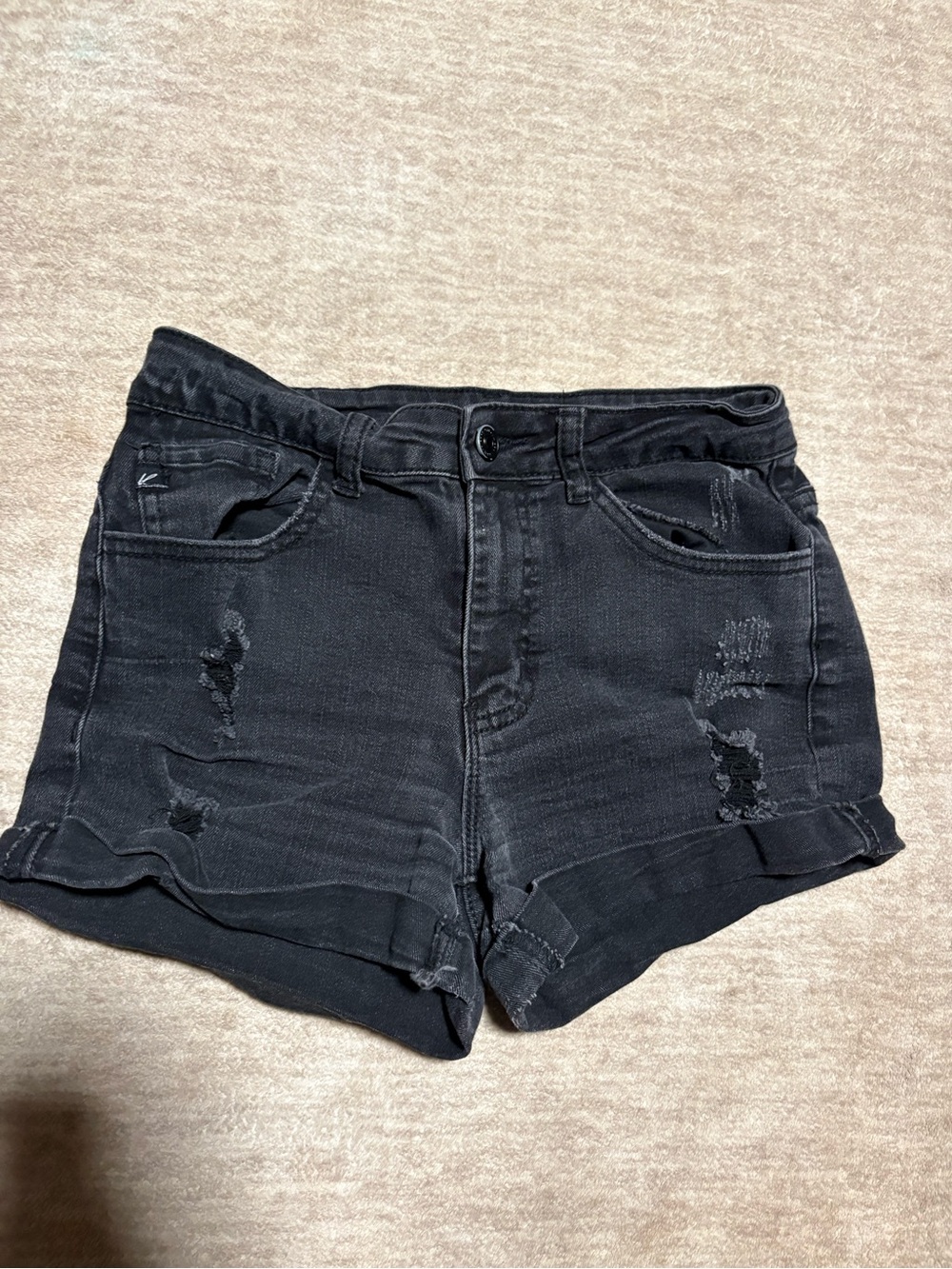 KanCan Black Distressed Rolled-Hem Jean Shorts